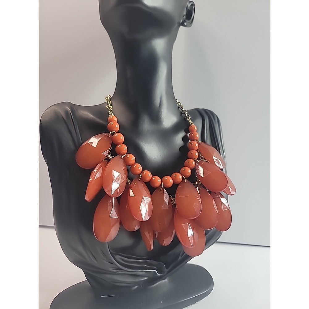 Orange Statement Bib Necklace Faceted Teardrop Gold Tone Jewelry